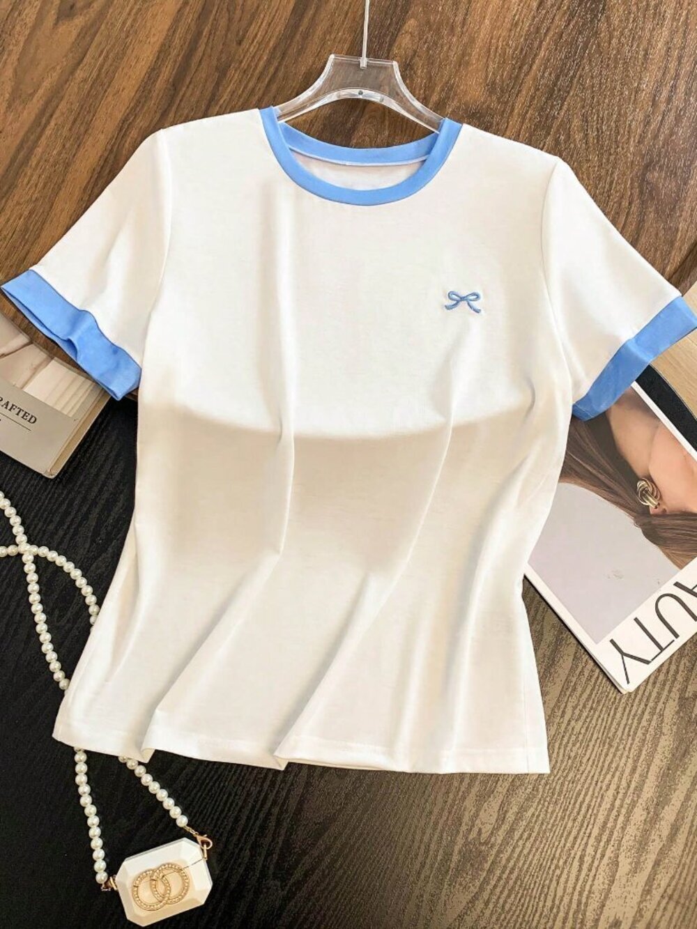 Multicolor Casual Women's Contrast Color Patchwork T-Shirt And Striped Pants Set